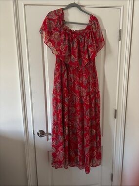 Rabbit Rabbit Rabbit Red Floral Off-Shoulder Maxi with Paisley Print - Size 20